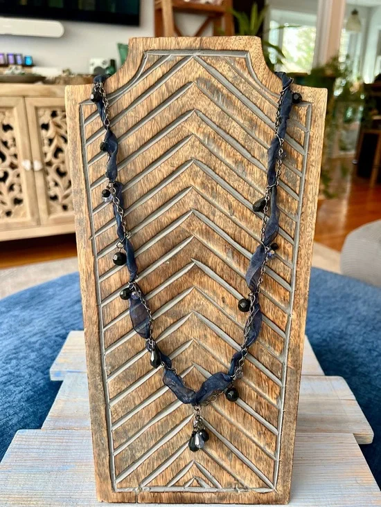 Cookie Lee Navy Ribbon Gunmetal Chain Crystal Dangle Beaded Necklace - Picture 7 of 12